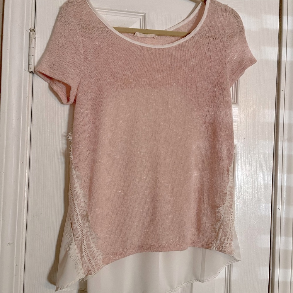 Baby pink feminine ladies’ top with sheer back; EUC; Medium